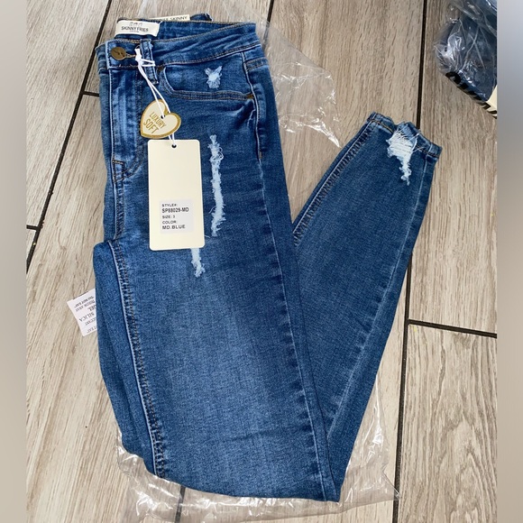 Skinny Fries Medium Blue Destructed Jeans - Picture 1 of 3